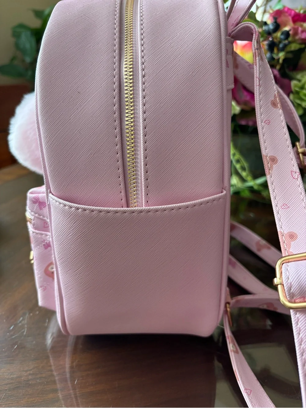 Under One Sky Light Pink Mini Backpack with Faux Fur Pom Pom and Gold Accents
